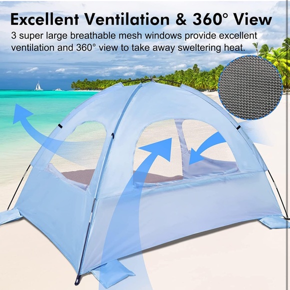 Beach Tent Anti-UV Portable Sun Shade Shelter for 3 Person, Mesh Windows - Picture 4 of 7